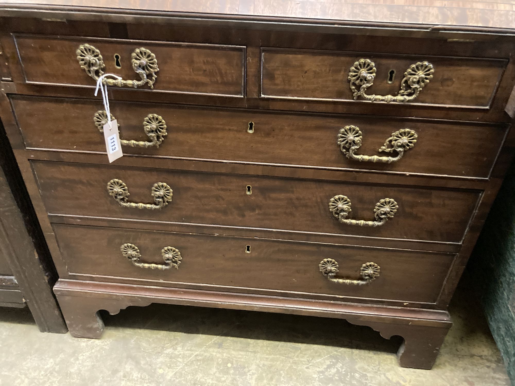 A George III satinwood inlaid mahogany bureau, width 92cm, depth 51cm, height 108cm